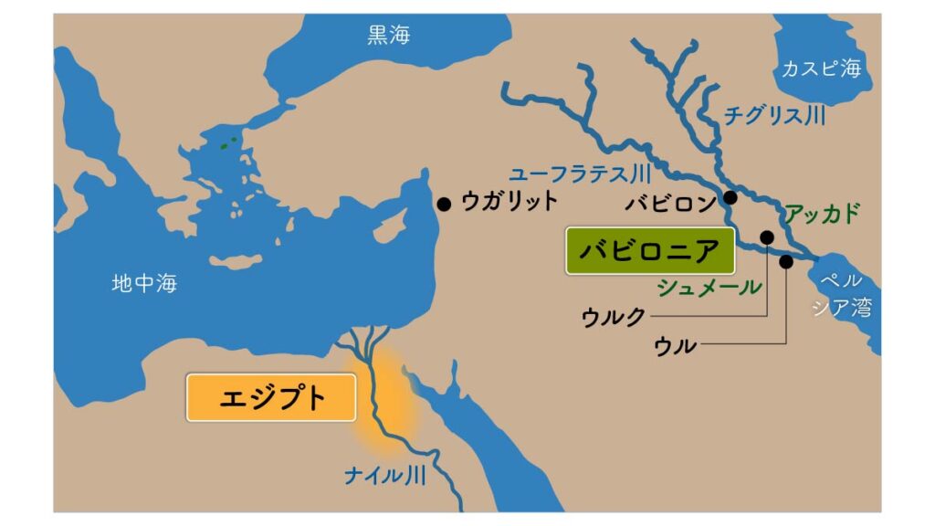 バビロニアの地図　：南メソポタミアのバビロニアではバビロンという古代都市を中心に文明が発達していました。